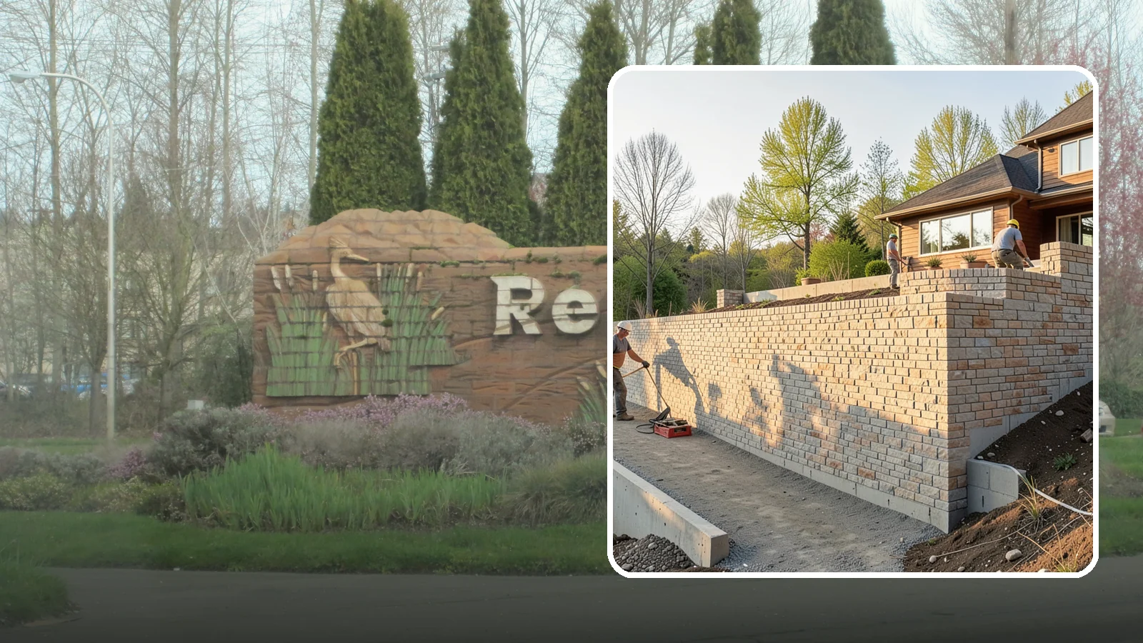 Poured Concrete Retaining Wall in Renton, King County, WA - Forming and pouring a solid reinforced concrete wall for maximum strength on tall or heavily loaded slopes.
