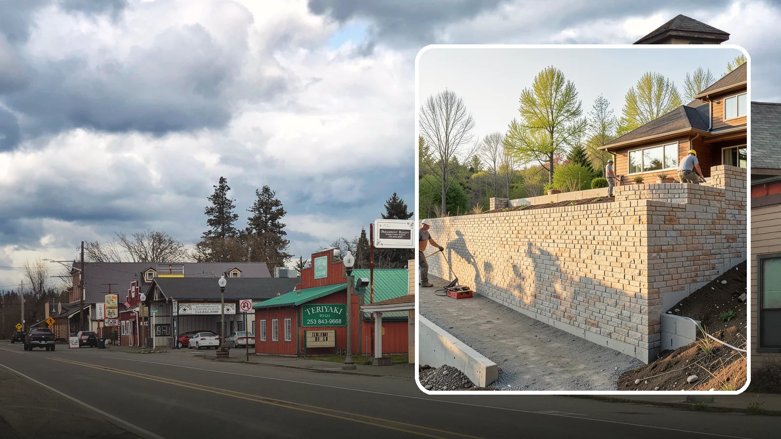 Poured Concrete Retaining Wall in Roy, Pierce County, WA - Forming and pouring a solid reinforced concrete wall for maximum strength on tall or heavily loaded slopes.