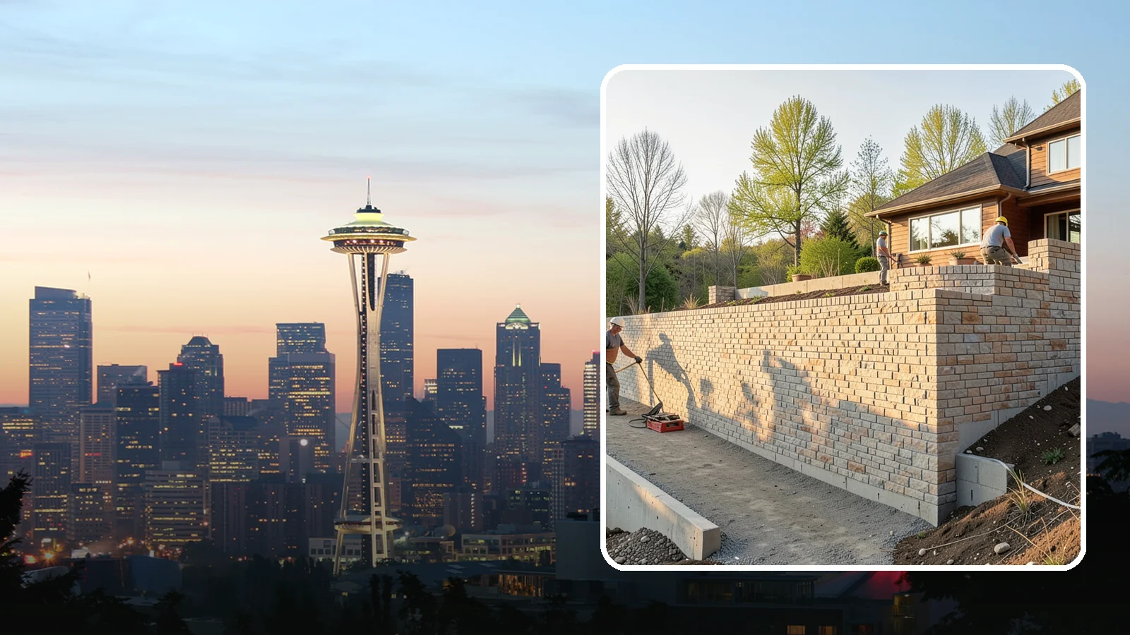 Poured Concrete Retaining Wall in Seattle, King County, WA - Forming and pouring a solid reinforced concrete wall for maximum strength on tall or heavily loaded slopes.