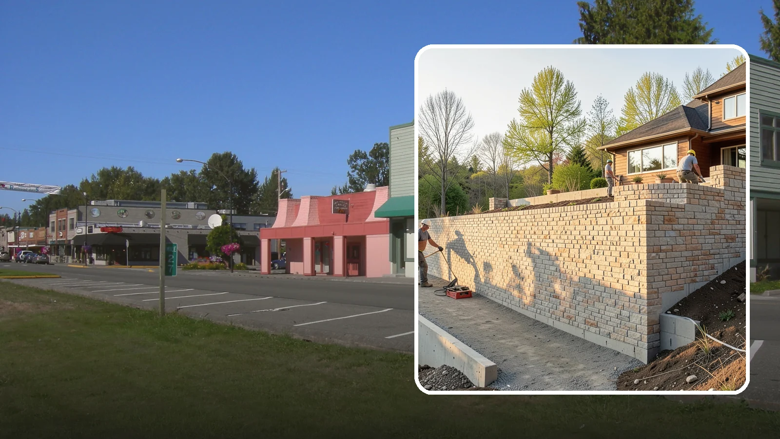 Poured Concrete Retaining Wall in Snoqualmie, King County, WA - Forming and pouring a solid reinforced concrete wall for maximum strength on tall or heavily loaded slopes.