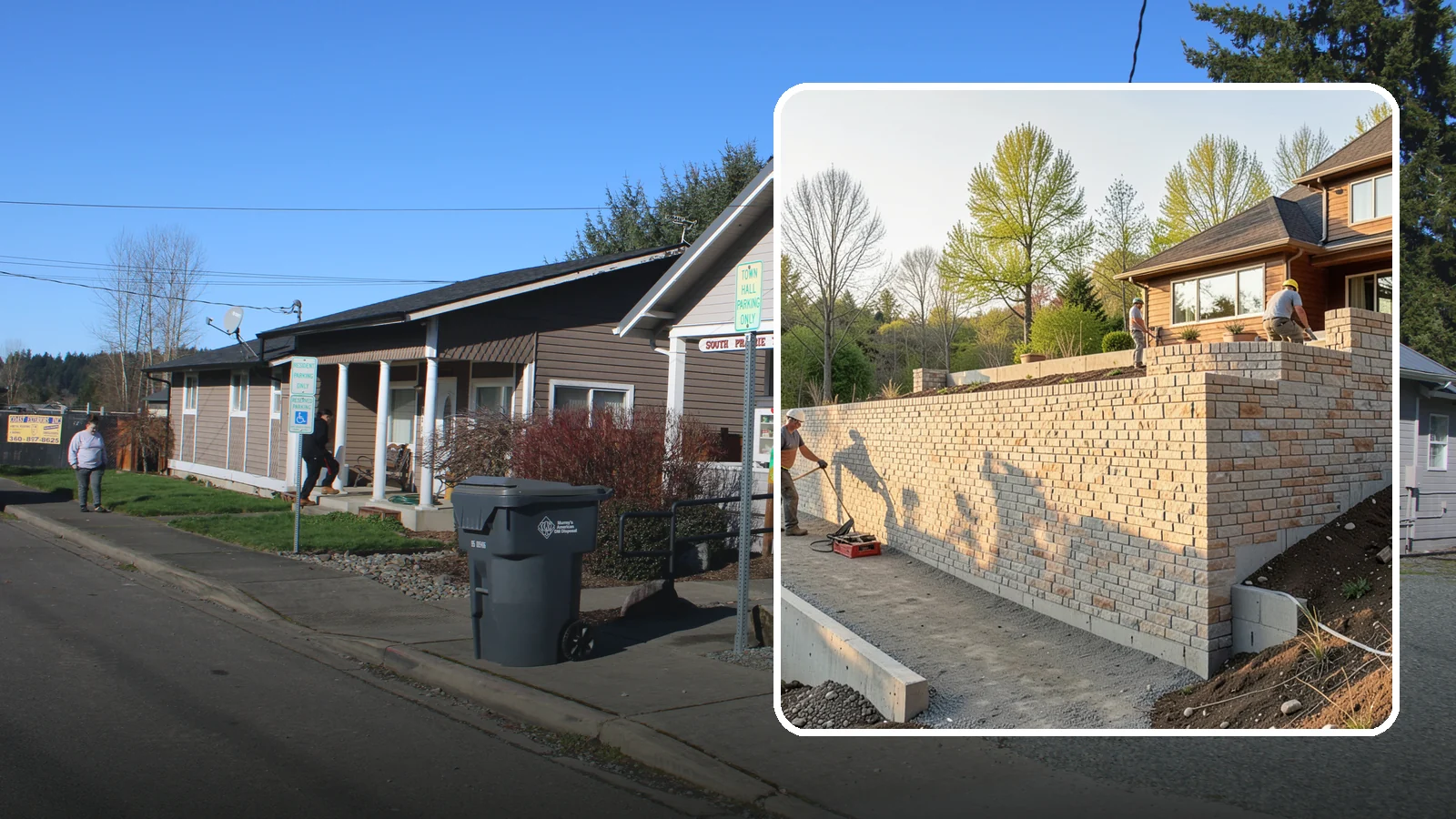 Poured Concrete Retaining Wall in South Prairie, Pierce County, WA - Forming and pouring a solid reinforced concrete wall for maximum strength on tall or heavily loaded slopes.