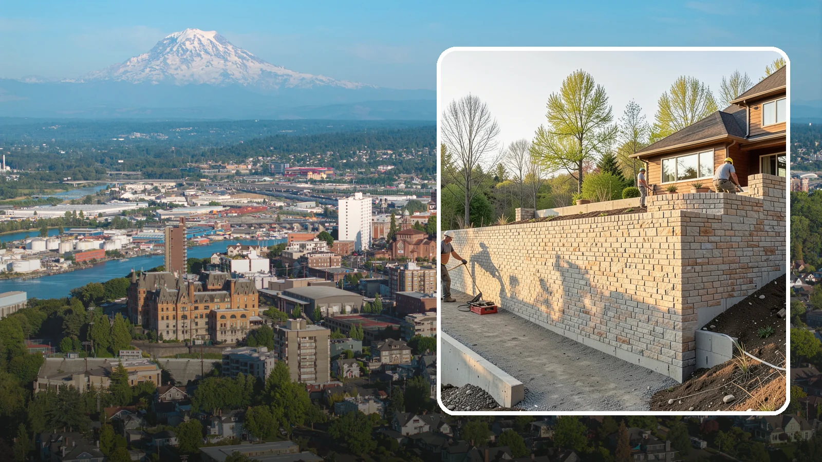 Poured Concrete Retaining Wall in Tacoma, Pierce County, WA - Forming and pouring a solid reinforced concrete wall for maximum strength on tall or heavily loaded slopes.