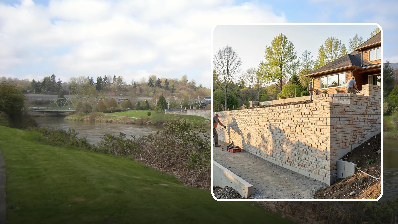 Poured Concrete Retaining Wall in Tukwila, King County, WA - Forming and pouring a solid reinforced concrete wall for maximum strength on tall or heavily loaded slopes.