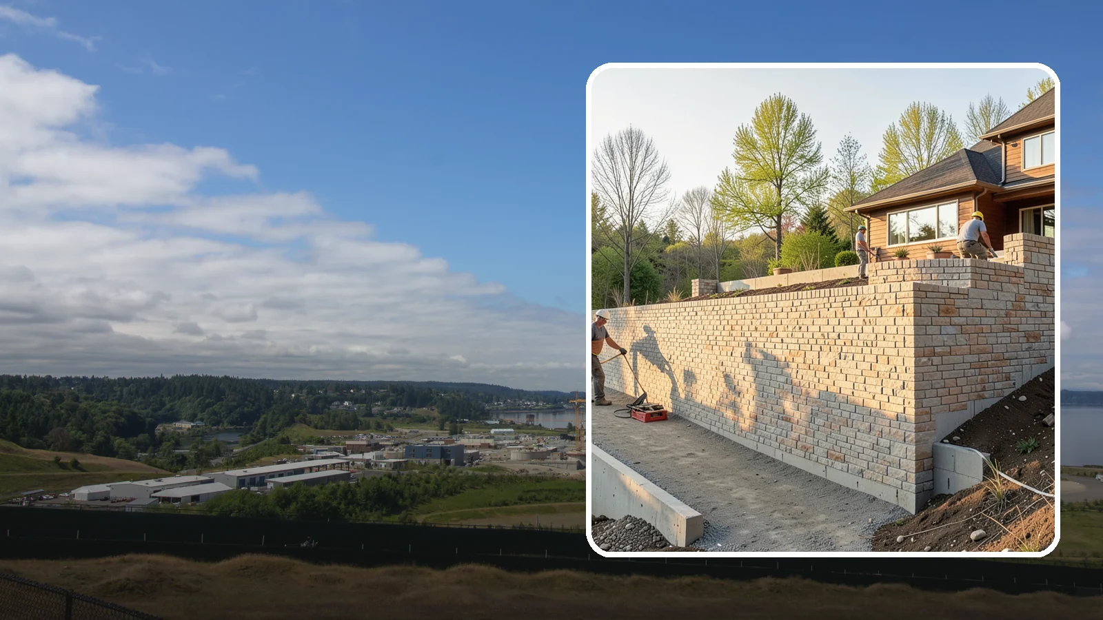 Poured Concrete Retaining Wall in University Place, Pierce County, WA - Forming and pouring a solid reinforced concrete wall for maximum strength on tall or heavily loaded slopes.