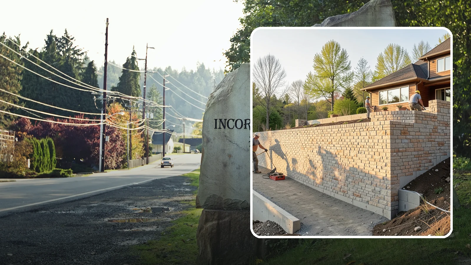 Poured Concrete Retaining Wall in Wilkeson, Pierce County, WA - Forming and pouring a solid reinforced concrete wall for maximum strength on tall or heavily loaded slopes.