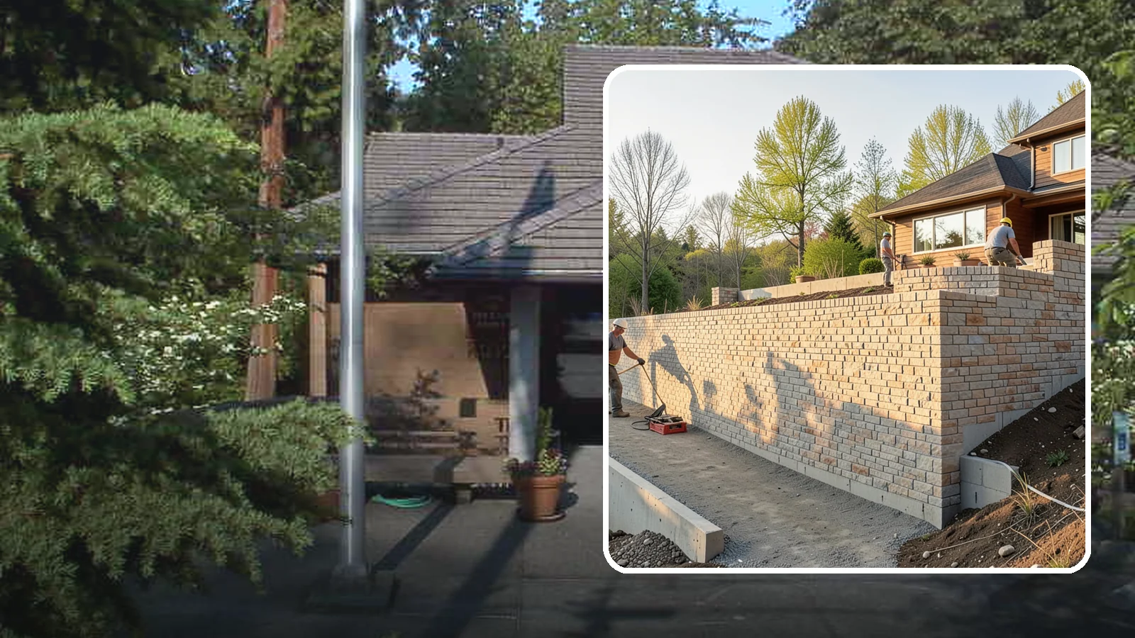 Poured Concrete Retaining Wall in Yarrow Point, King County, WA - Forming and pouring a solid reinforced concrete wall for maximum strength on tall or heavily loaded slopes.