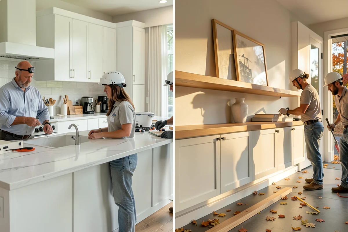 Quartz Countertop Installation in Enumclaw, King County, WA - Template cabinets after they are installed and level