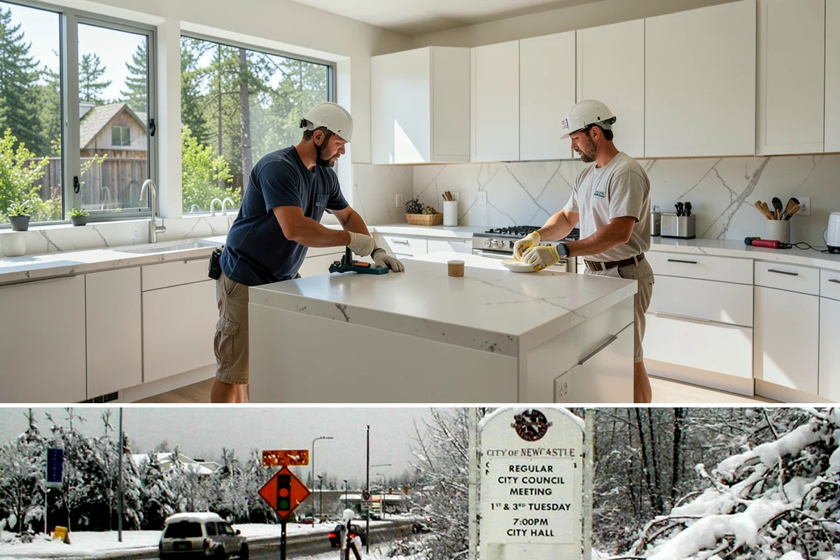 Range Hood Installation in Newcastle, King County, WA - Cutting an exterior vent penetration is best done during a dry stretch to seal the opening cleanly.