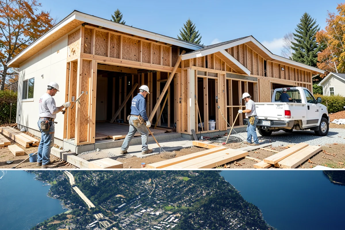 Roof Framing in Mercer Island, King County, WA - Framing in drier weather keeps lumber protected and the schedule moving toward a dried-in roof.