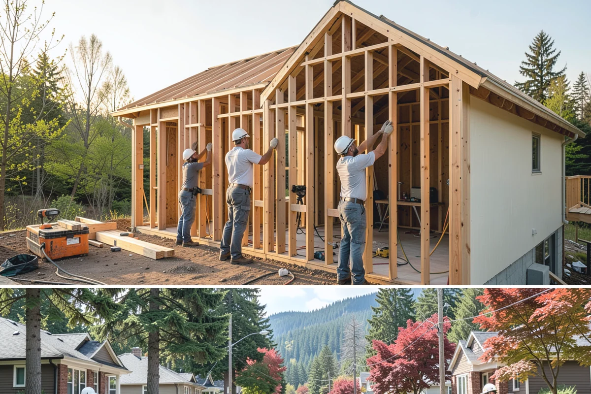 Shed Construction in Hunts Point, King County, WA - Sheds go up quickly in dry weather, so late spring through early fall keeps the build clean and on schedule.