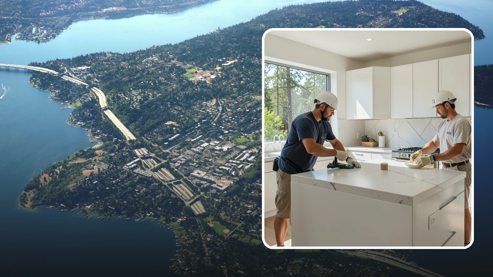Solid Surface Countertop Installation in Mercer Island, King County, WA - Seamless solid surface countertop installation with integrated sinks and virtually invisible joints.