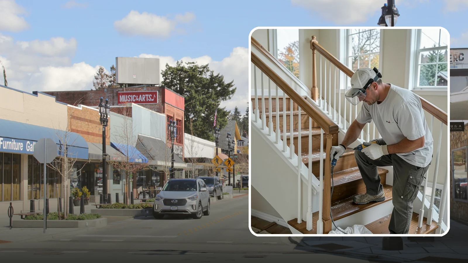 Stair Refinishing in Bothell, King County, WA - Sanding and refinishing that restores worn wood stairs to their original beauty.