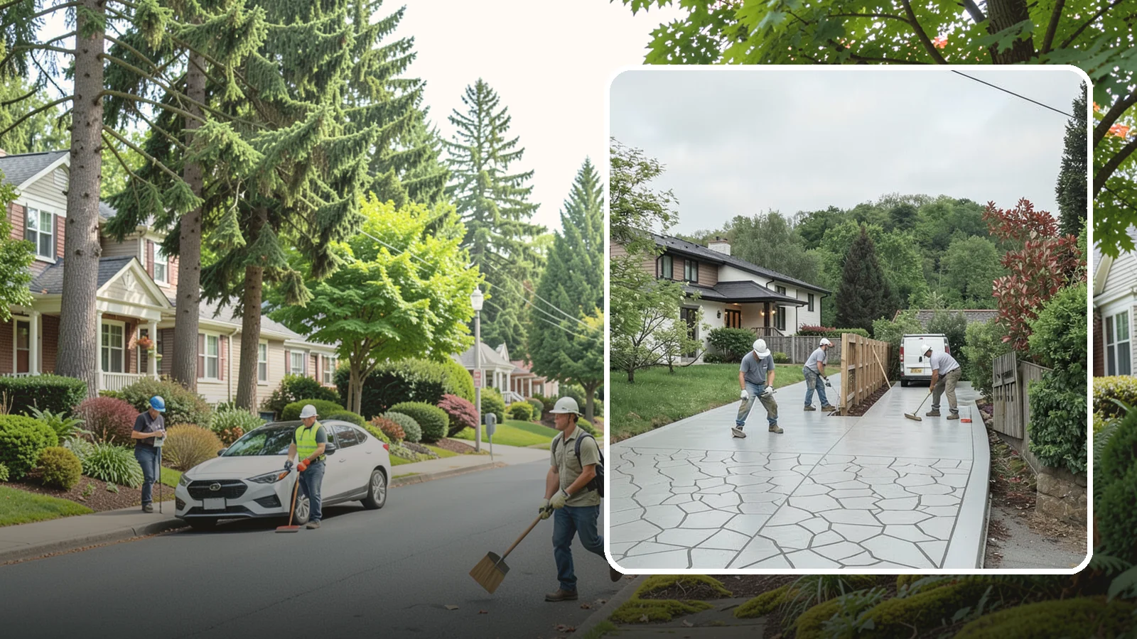 Stamped Concrete Driveway in Beaux Arts Village, King County, WA - Pouring and stamping a concrete driveway with patterns and color that mimic stone, brick, or slate.