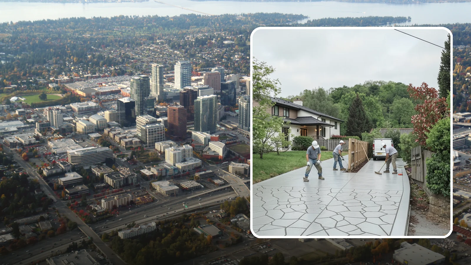 Stamped Concrete Driveway in Bellevue, King County, WA - Pouring and stamping a concrete driveway with patterns and color that mimic stone, brick, or slate.