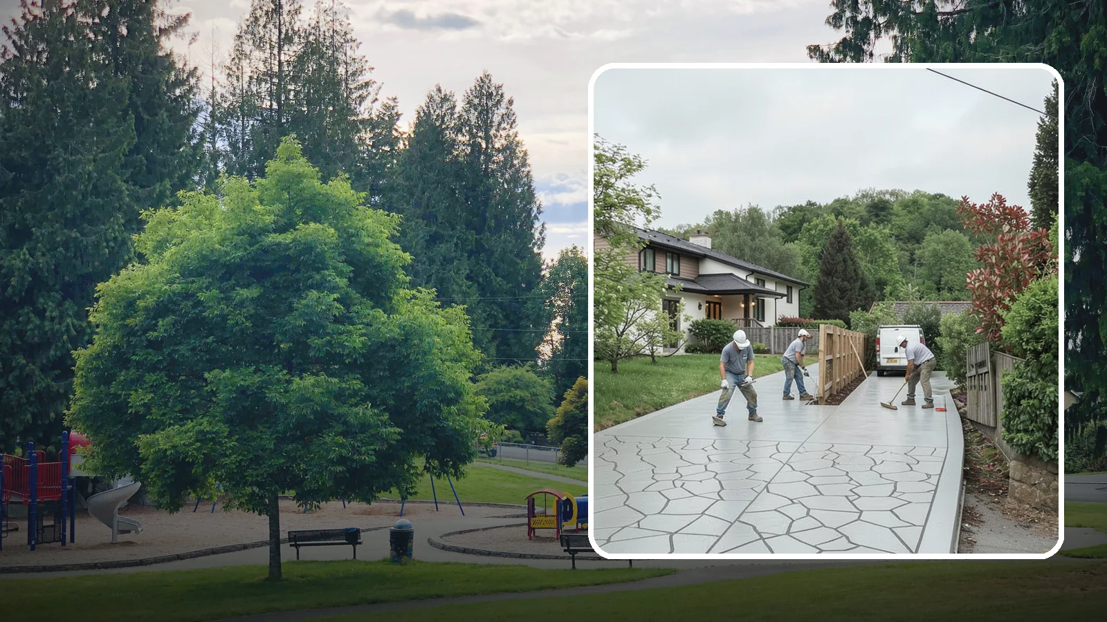 Stamped Concrete Driveway in Bonney Lake, Pierce County, WA - Pouring and stamping a concrete driveway with patterns and color that mimic stone, brick, or slate.