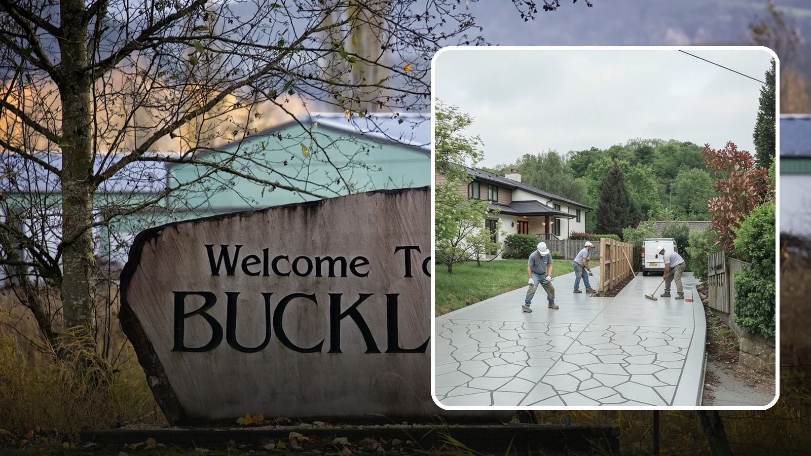 Stamped Concrete Driveway in Buckley, Pierce County, WA - Pouring and stamping a concrete driveway with patterns and color that mimic stone, brick, or slate.