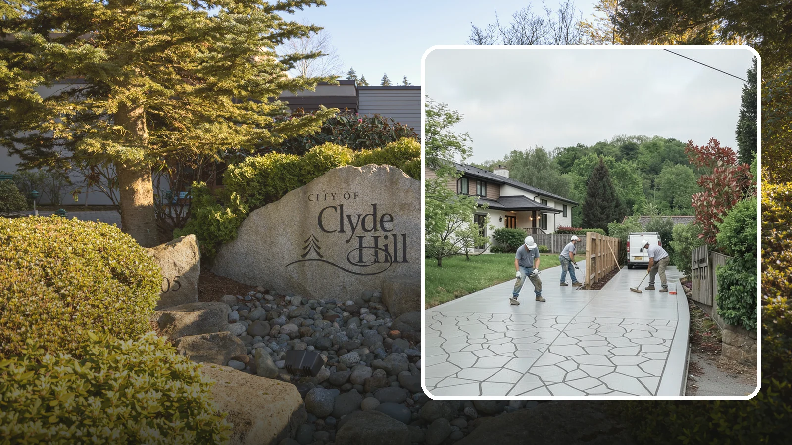 Stamped Concrete Driveway in Clyde Hill, King County, WA - Pouring and stamping a concrete driveway with patterns and color that mimic stone, brick, or slate.