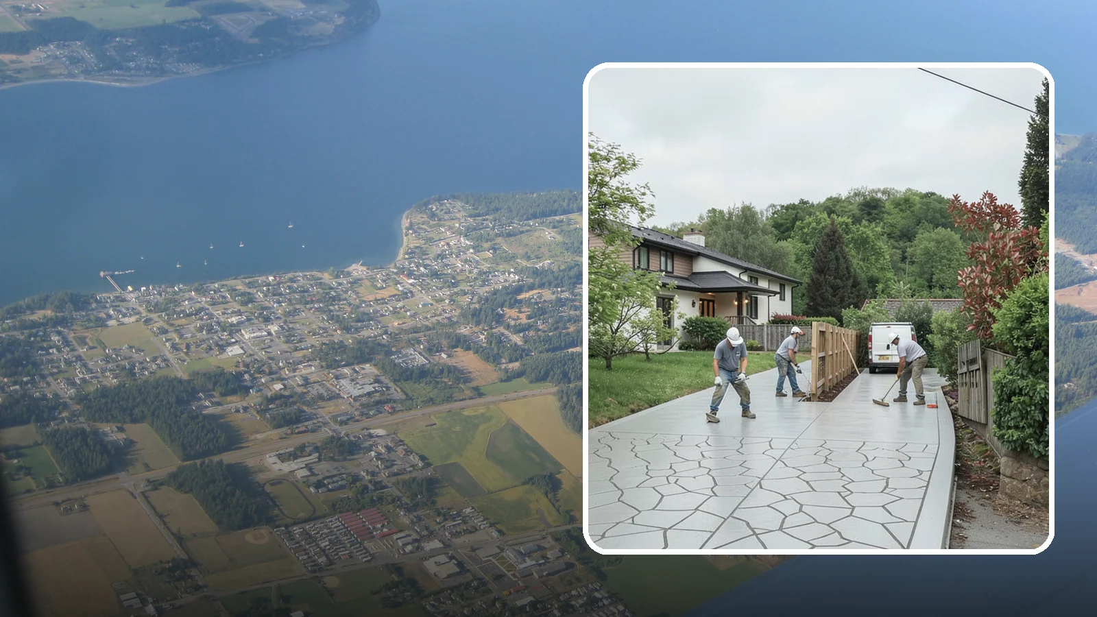 Stamped Concrete Driveway in Coupeville, Island County, WA - Pouring and stamping a concrete driveway with patterns and color that mimic stone, brick, or slate.