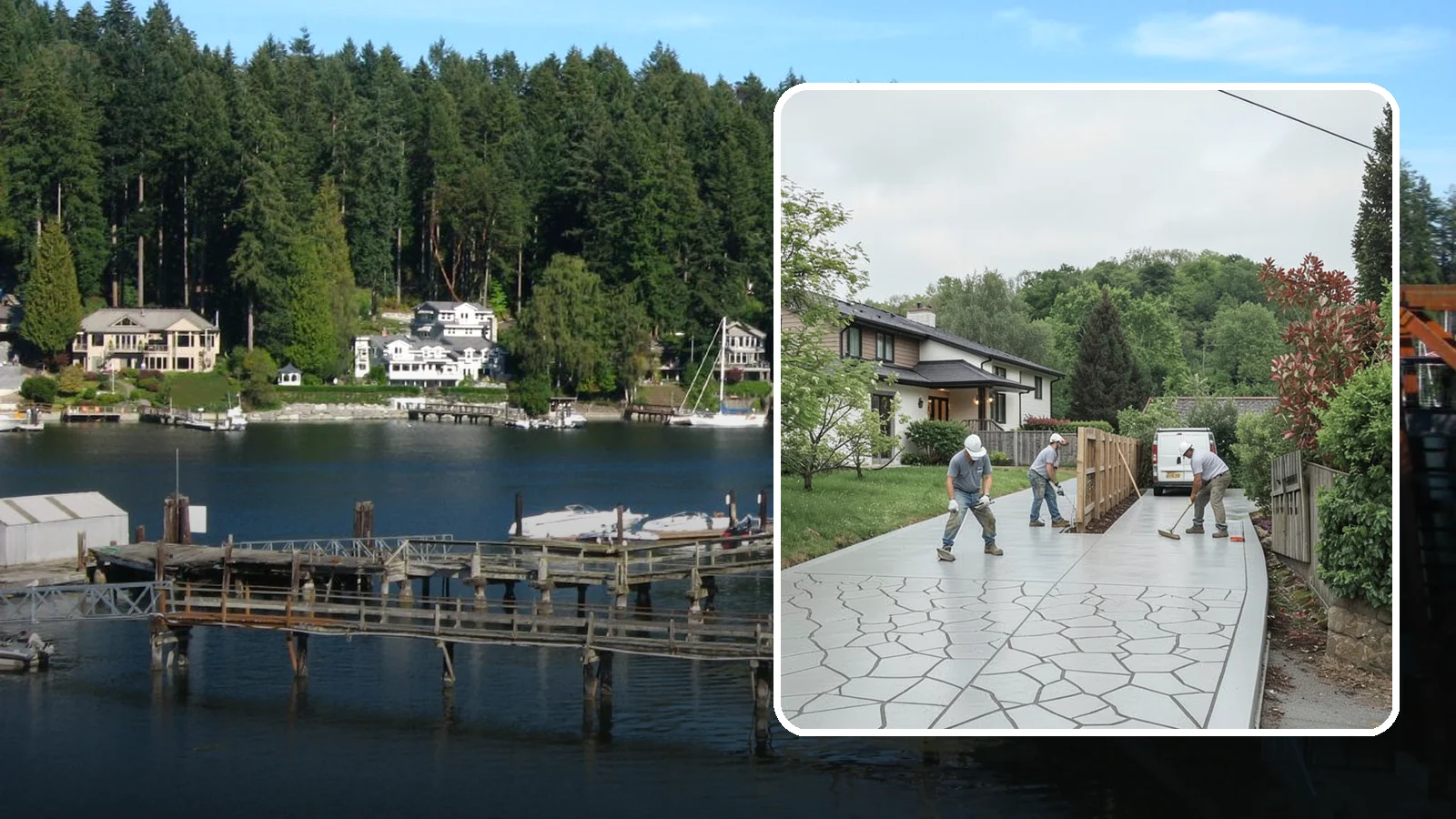 Stamped Concrete Driveway in Gig Harbor, Pierce County, WA - Pouring and stamping a concrete driveway with patterns and color that mimic stone, brick, or slate.