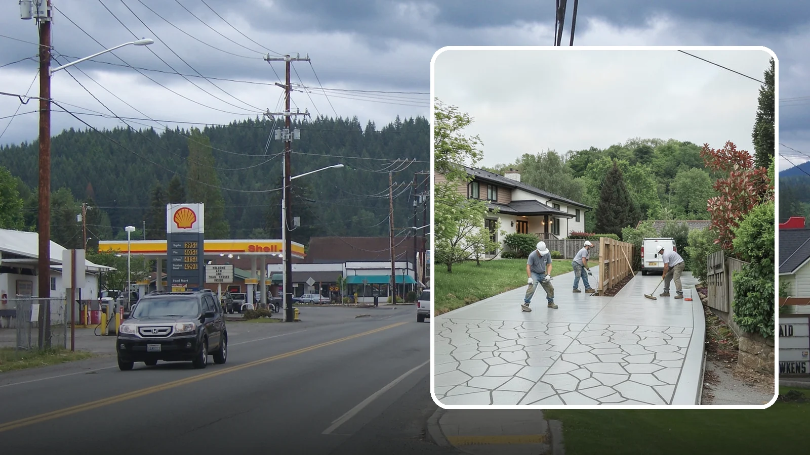 Stamped Concrete Driveway in Granite Falls, Snohomish County, WA - Pouring and stamping a concrete driveway with patterns and color that mimic stone, brick, or slate.