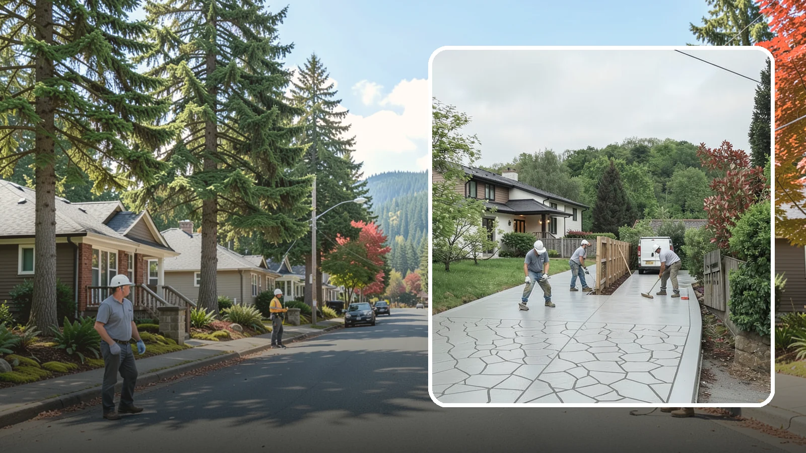 Stamped Concrete Driveway in Hunts Point, King County, WA - Pouring and stamping a concrete driveway with patterns and color that mimic stone, brick, or slate.