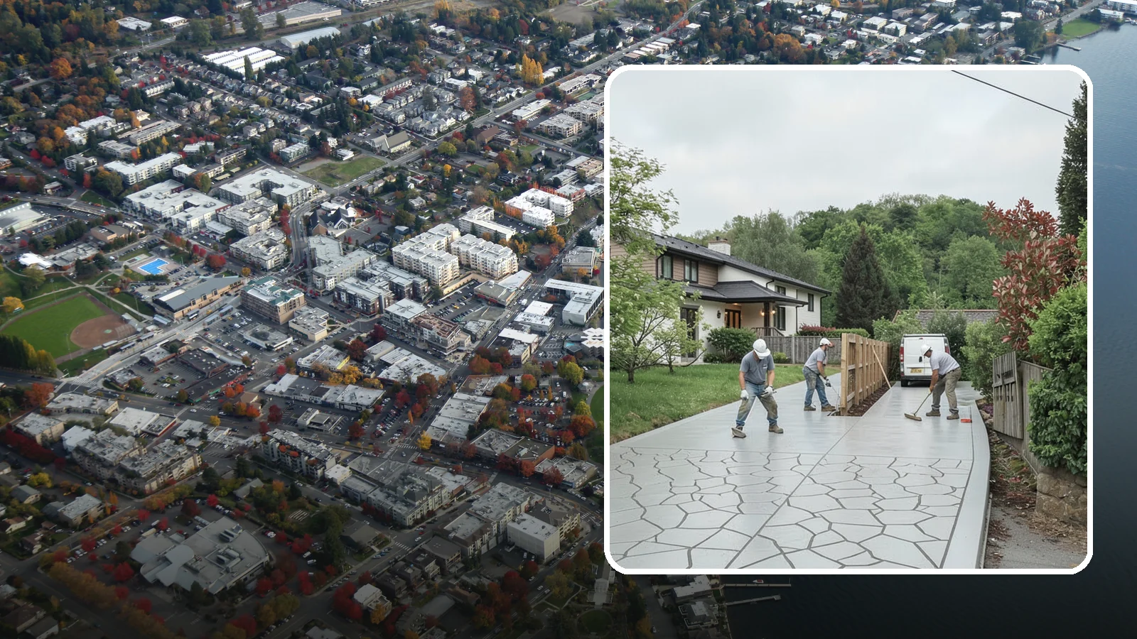 Stamped Concrete Driveway in Kirkland, King County, WA - Pouring and stamping a concrete driveway with patterns and color that mimic stone, brick, or slate.