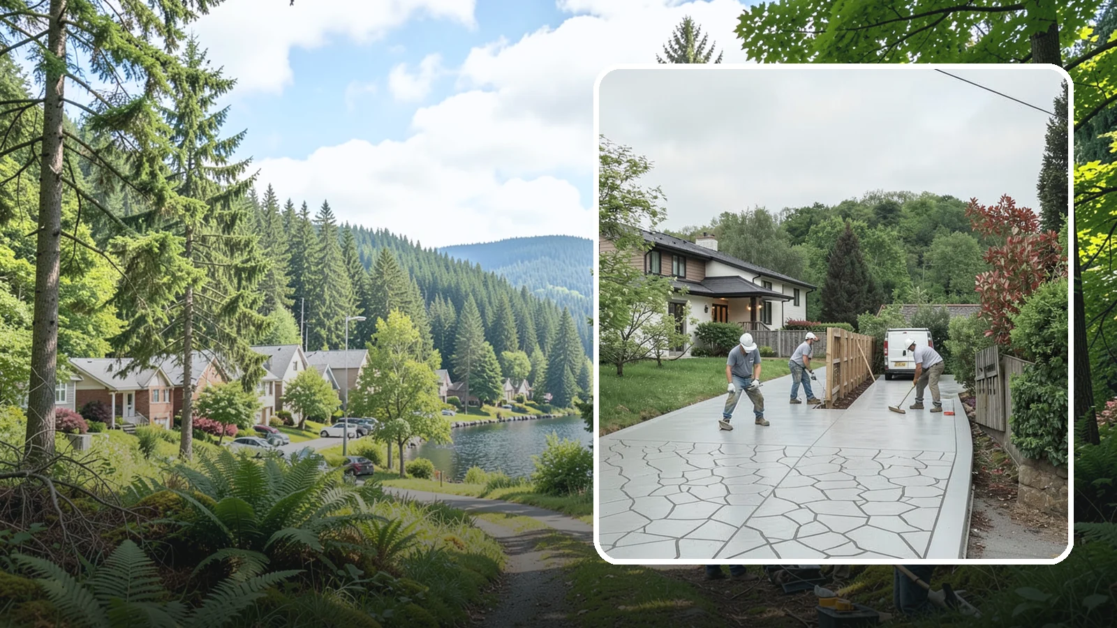 Stamped Concrete Driveway in Lake Forest Park, King County, WA - Pouring and stamping a concrete driveway with patterns and color that mimic stone, brick, or slate.