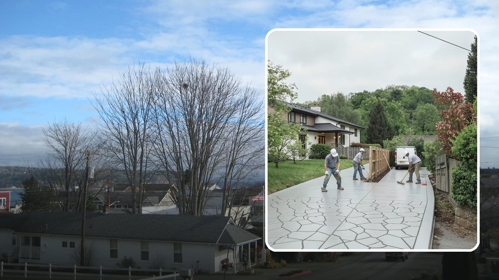 Stamped Concrete Driveway in Langley, Island County, WA - Pouring and stamping a concrete driveway with patterns and color that mimic stone, brick, or slate.
