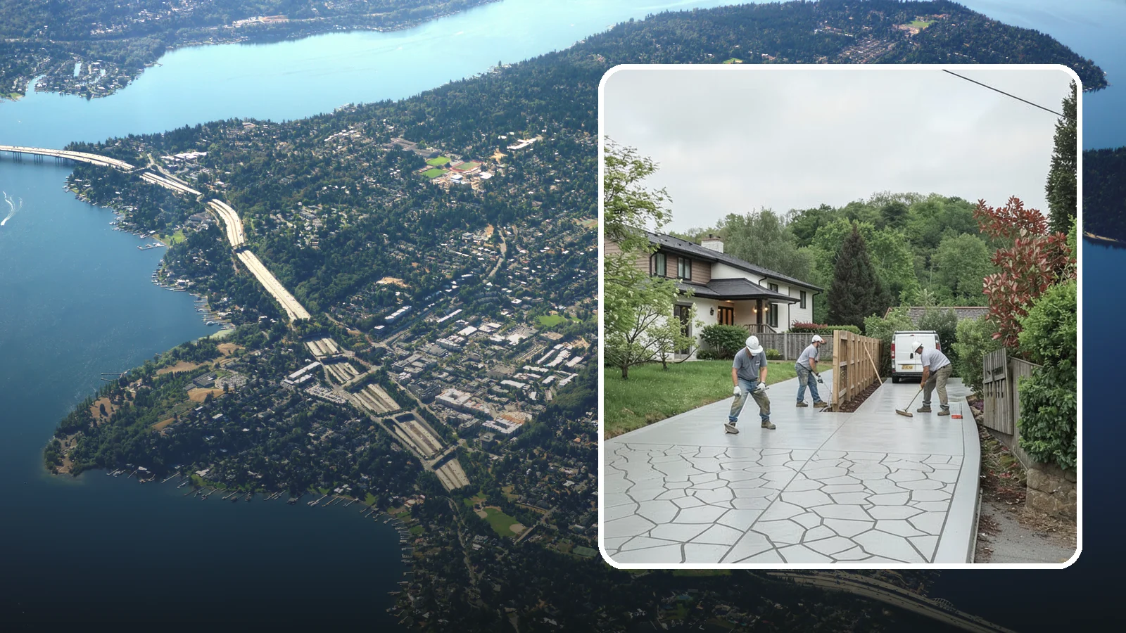 Stamped Concrete Driveway in Mercer Island, King County, WA - Pouring and stamping a concrete driveway with patterns and color that mimic stone, brick, or slate.
