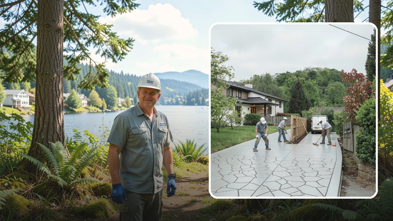 Stamped Concrete Driveway in Milton, King County, WA - Pouring and stamping a concrete driveway with patterns and color that mimic stone, brick, or slate.