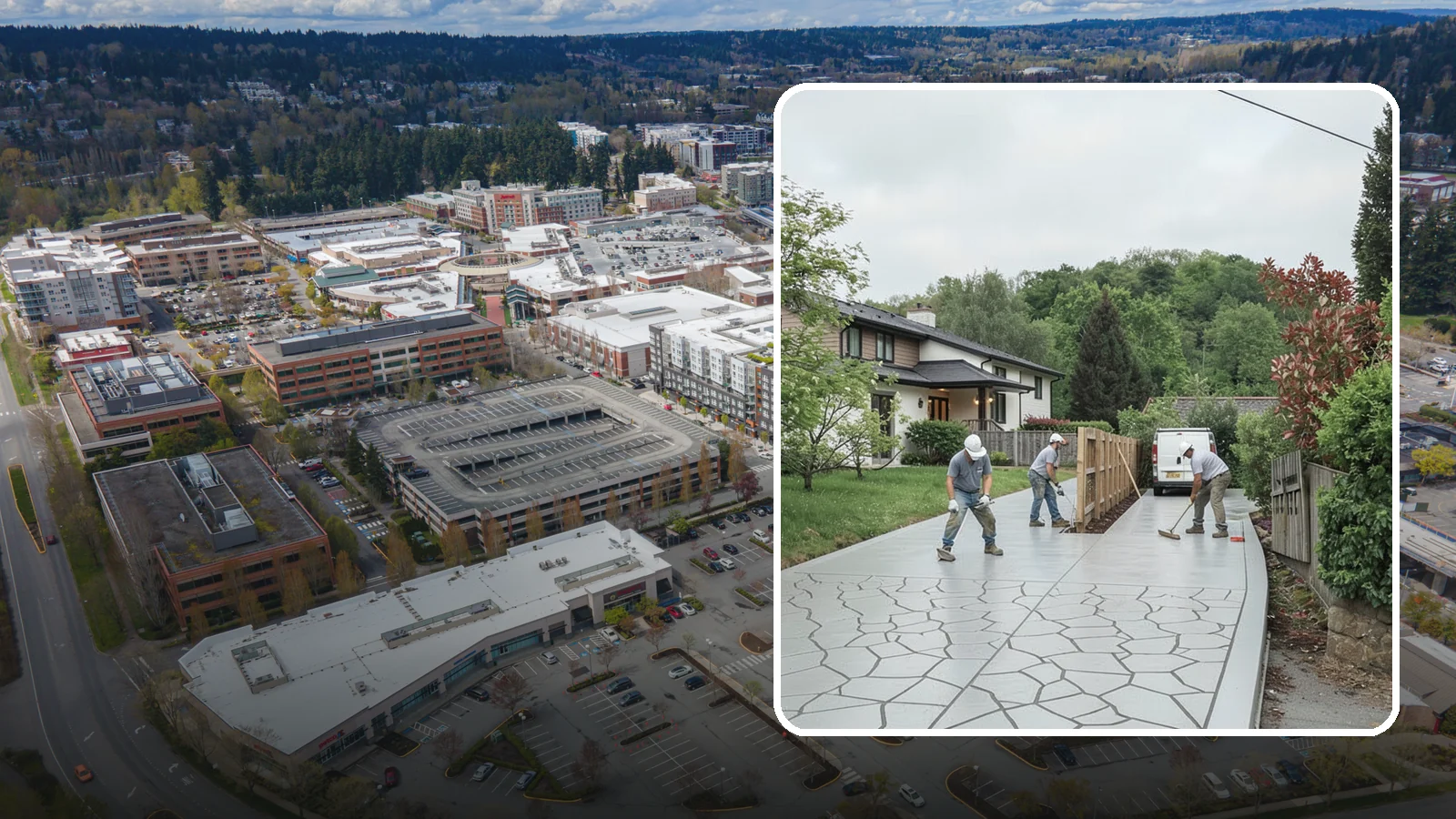 Stamped Concrete Driveway in Redmond, King County, WA - Pouring and stamping a concrete driveway with patterns and color that mimic stone, brick, or slate.