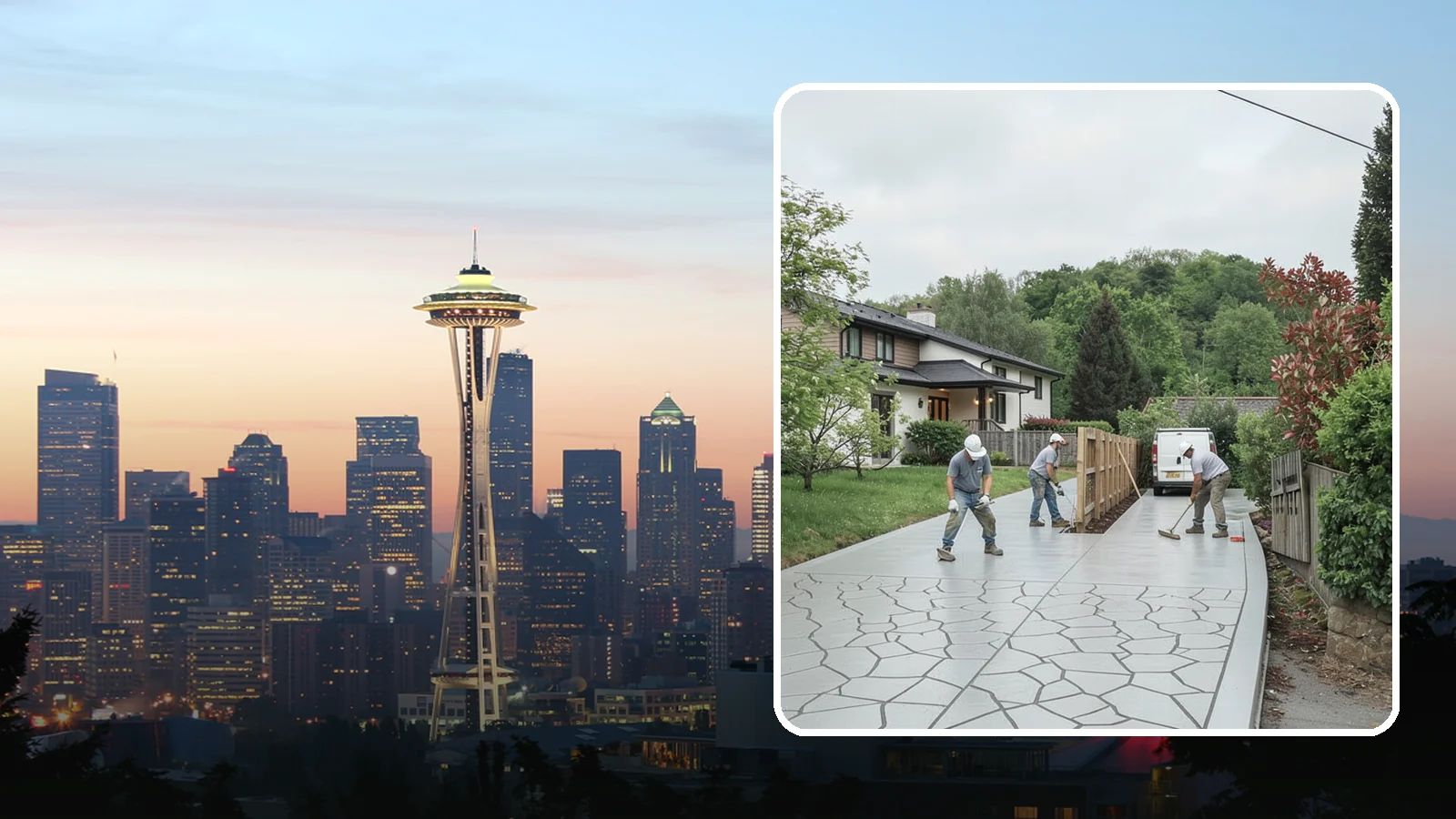 Stamped Concrete Driveway in Seattle, King County, WA - Pouring and stamping a concrete driveway with patterns and color that mimic stone, brick, or slate.