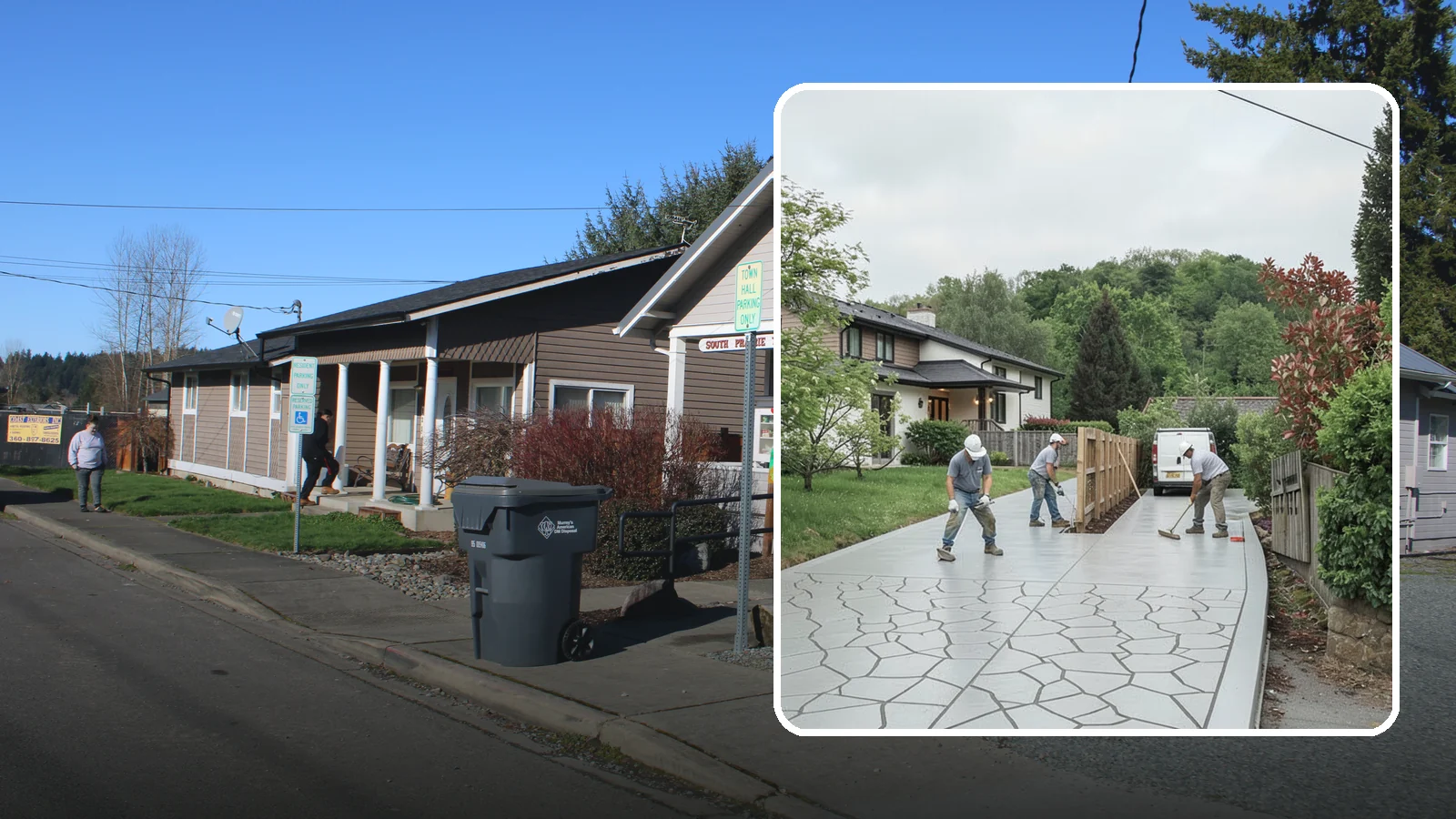 Stamped Concrete Driveway in South Prairie, Pierce County, WA - Pouring and stamping a concrete driveway with patterns and color that mimic stone, brick, or slate.