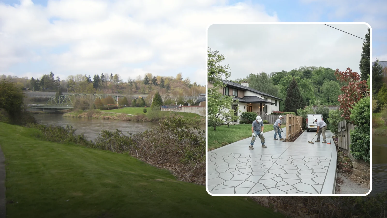 Stamped Concrete Driveway in Tukwila, King County, WA - Pouring and stamping a concrete driveway with patterns and color that mimic stone, brick, or slate.