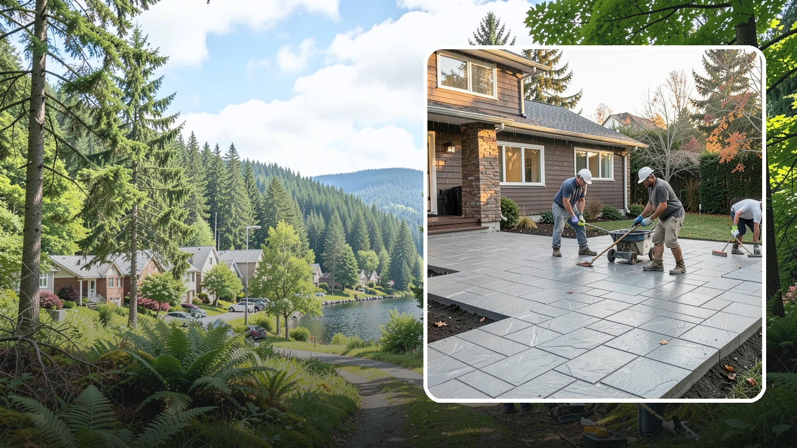 Stamped Concrete Installation in Lake Forest Park, King County, WA - Decorative stamped concrete that mimics stone, brick, or slate while standing up to Northwest weather.