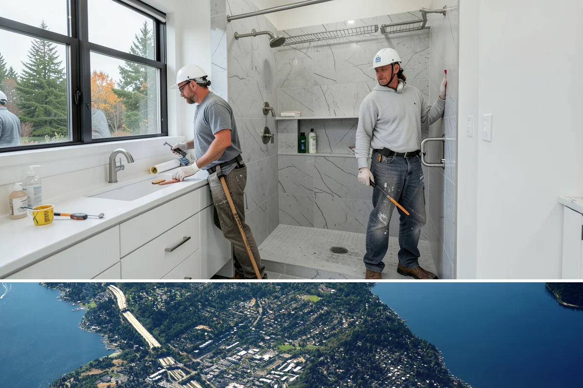 Stamped Concrete Installation in Mercer Island, King County, WA - Dry summer conditions are essential for clean stamping and proper sealing before wet weather.
