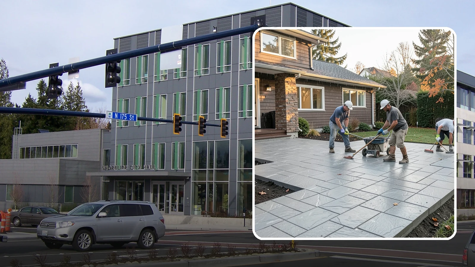Stamped Concrete Installation in Shoreline, King County, WA - Decorative stamped concrete that mimics stone, brick, or slate while standing up to Northwest weather.