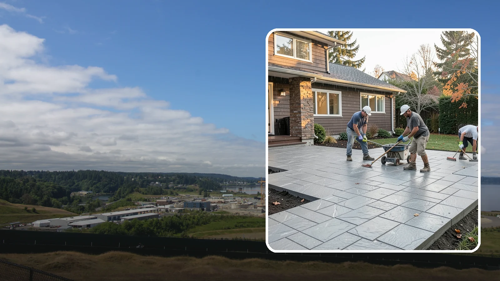 Stamped Concrete Installation in University Place, Pierce County, WA - Decorative stamped concrete that mimics stone, brick, or slate while standing up to Northwest weather.