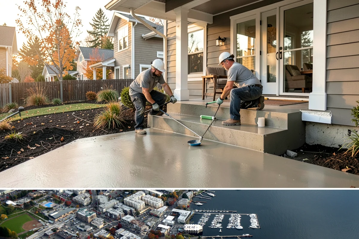 Stamped Concrete Patio in Kirkland, King County, WA - Warm, dry summer conditions are necessary for stamping, coloring, and sealing to set correctly.
