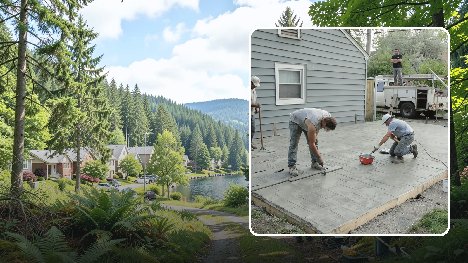 Stamped Concrete Patio in Lake Forest Park, King County, WA - Stamped concrete patio installation that mimics stone or brick at a fraction of the cost.