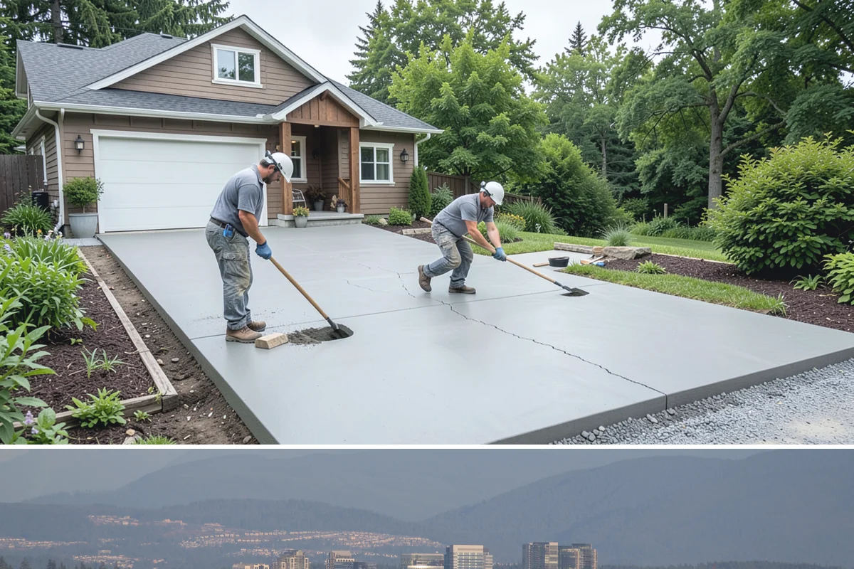 Stamped Concrete Patio in Medina, King County, WA - Warm, dry summer conditions are necessary for stamping, coloring, and sealing to set correctly.