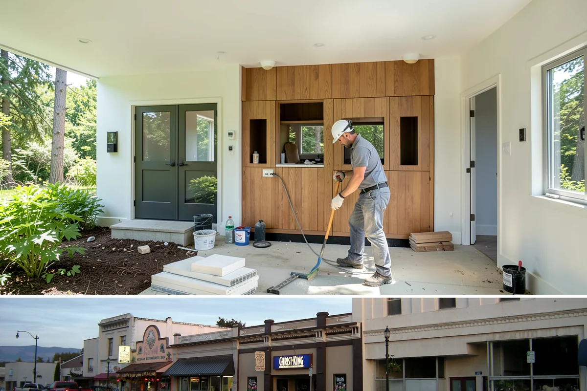 Stone Fireplace Installation in Burlington, Skagit County, WA - Interior stone fireplace work proceeds year-round, making it a rewarding project during the long rainy season.
