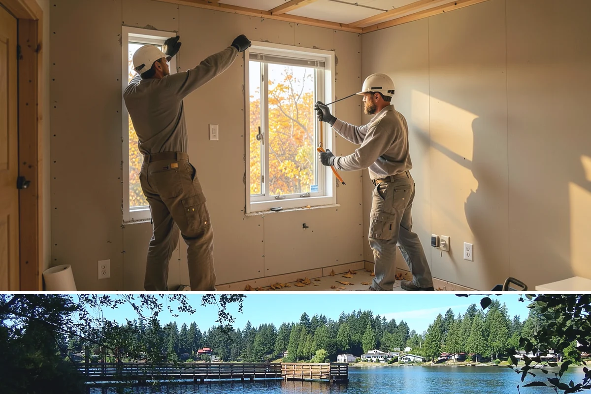 Stone Fireplace Installation in Federal Way, King County, WA - Interior stone fireplace work proceeds year-round, making it a rewarding project during the long rainy season.