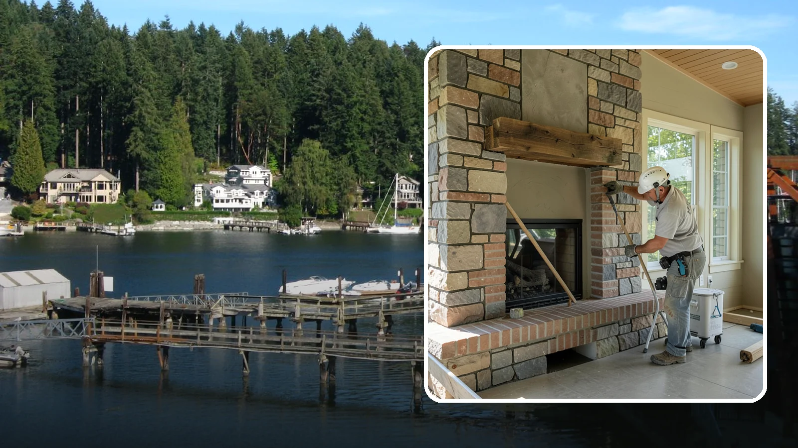 Stone Fireplace Installation in Gig Harbor, Pierce County, WA - Full stone fireplace faces that bring natural texture and Northwest lodge character home.