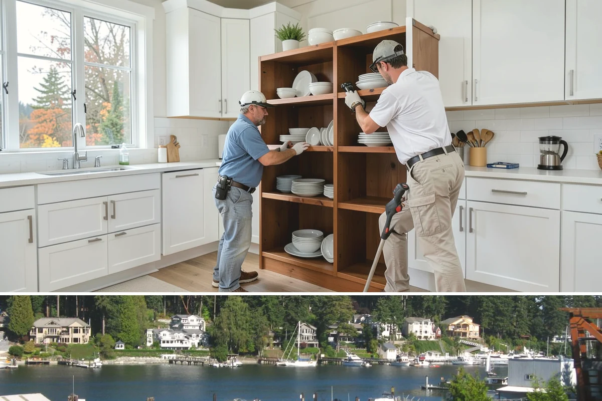 Stone Fireplace Installation in Gig Harbor, Pierce County, WA - Interior stone fireplace work proceeds year-round, making it a rewarding project during the long rainy season.