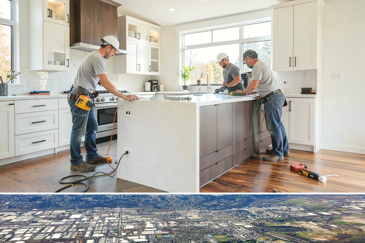 Stone Fireplace Installation in Kent, King County, WA - Interior stone fireplace work proceeds year-round, making it a rewarding project during the long rainy season.