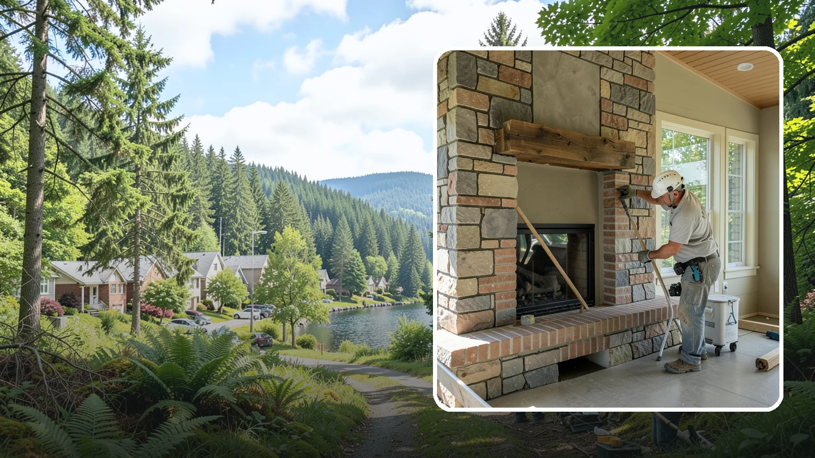 Stone Fireplace Installation in Lake Forest Park, King County, WA - Full stone fireplace faces that bring natural texture and Northwest lodge character home.