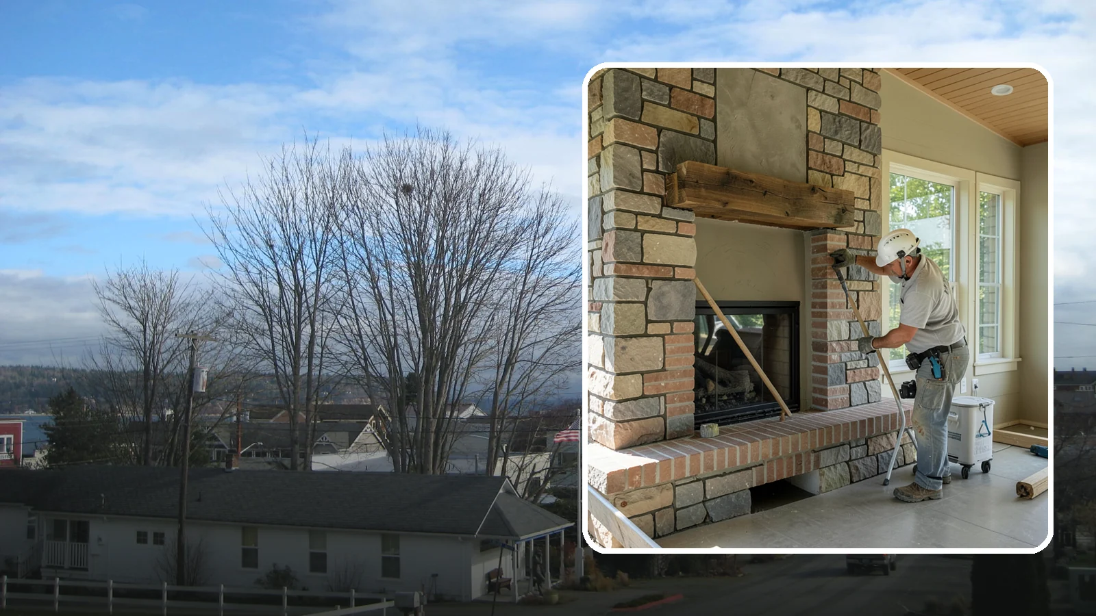 Stone Fireplace Installation in Langley, Island County, WA - Full stone fireplace faces that bring natural texture and Northwest lodge character home.