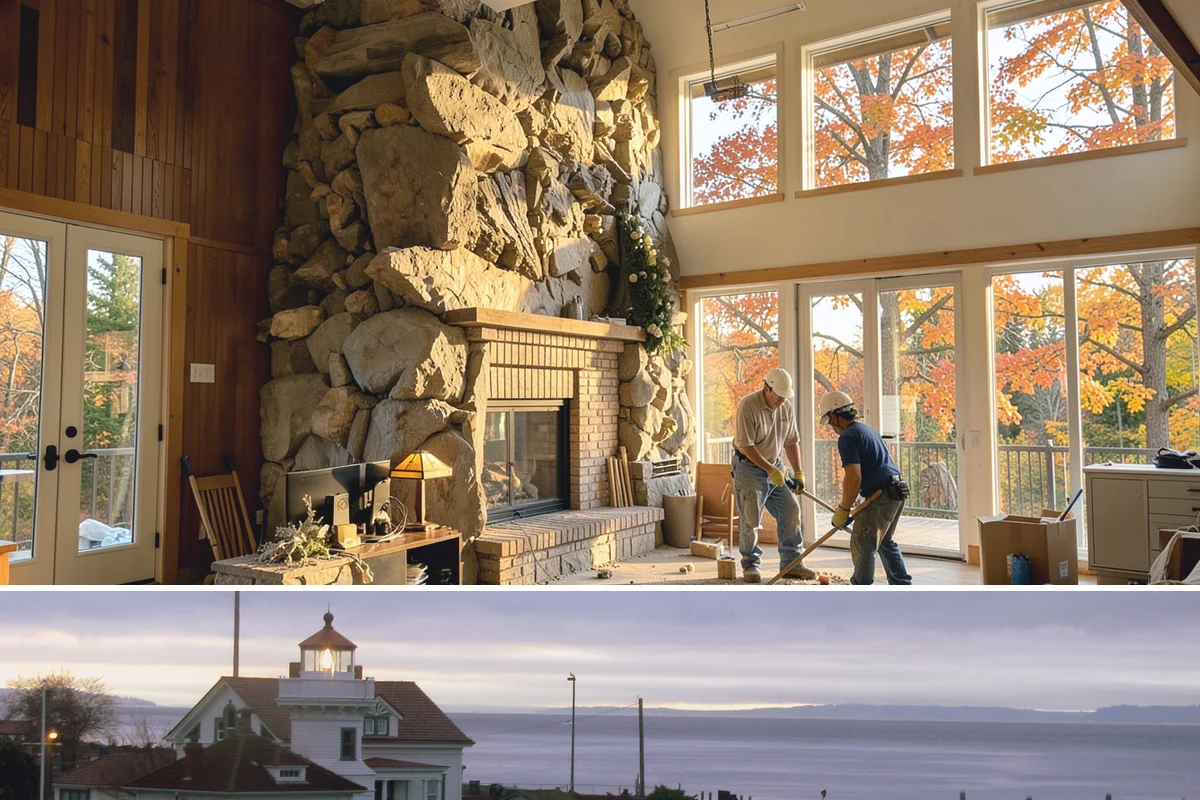 Stone Fireplace Installation in Mukilteo, Snohomish County, WA - Interior stone fireplace work proceeds year-round, making it a rewarding project during the long rainy season.
