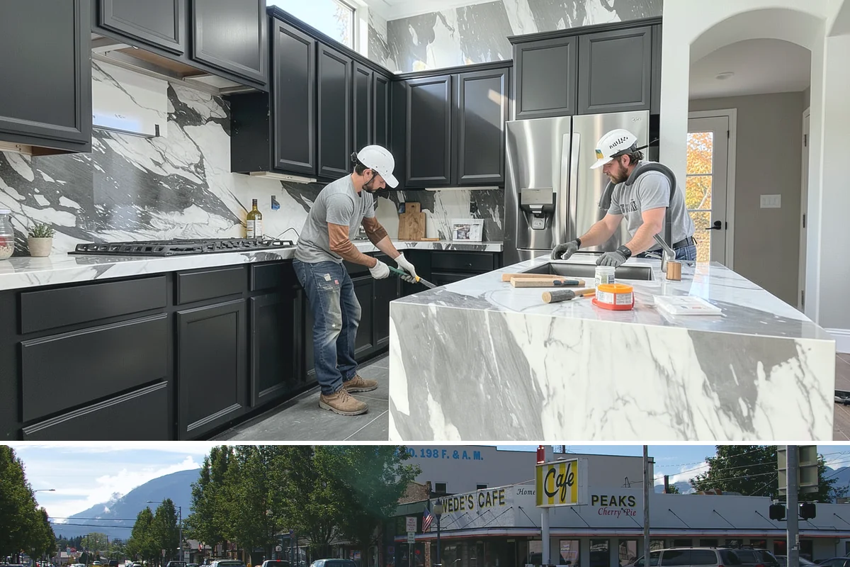 Stone Fireplace Installation in North Bend, King County, WA - Interior stone fireplace work proceeds year-round, making it a rewarding project during the long rainy season.